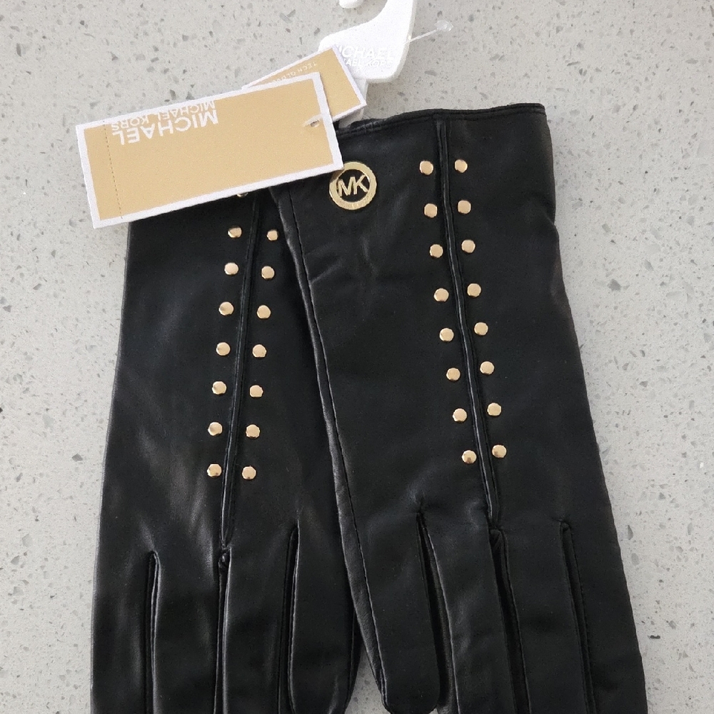 Michael Kors Black Leather Gloves with Gold Studs